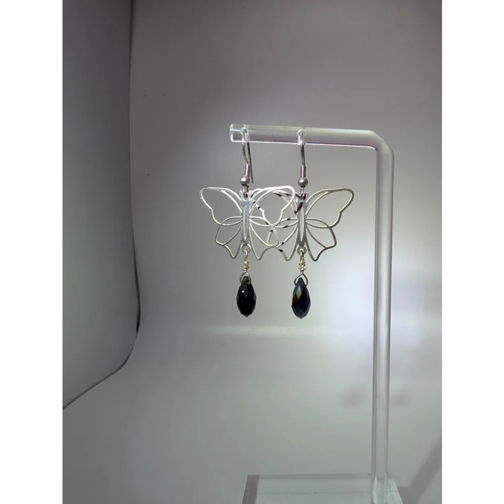 Butterfly Dangle Earrings, Stainless Steel Black Metallic Glass Teardrop Beads
